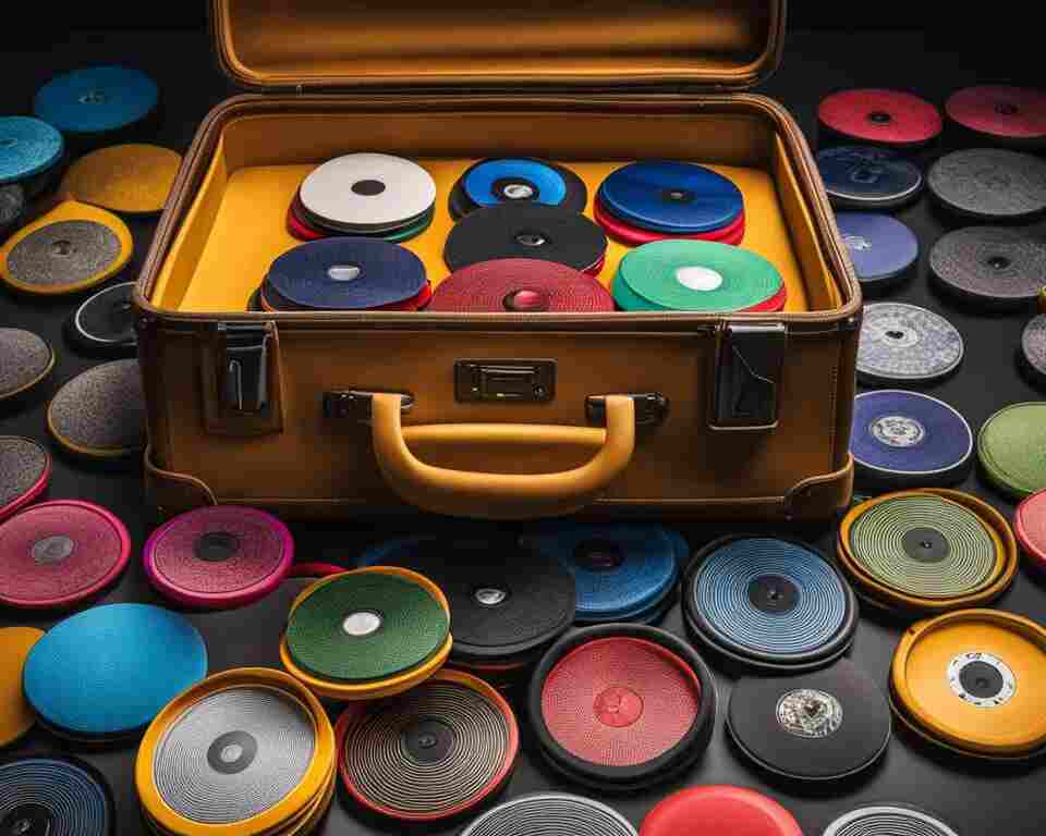 A suitcase with a top view, open and filled with colorful disc golf discs of various sizes and designs. 