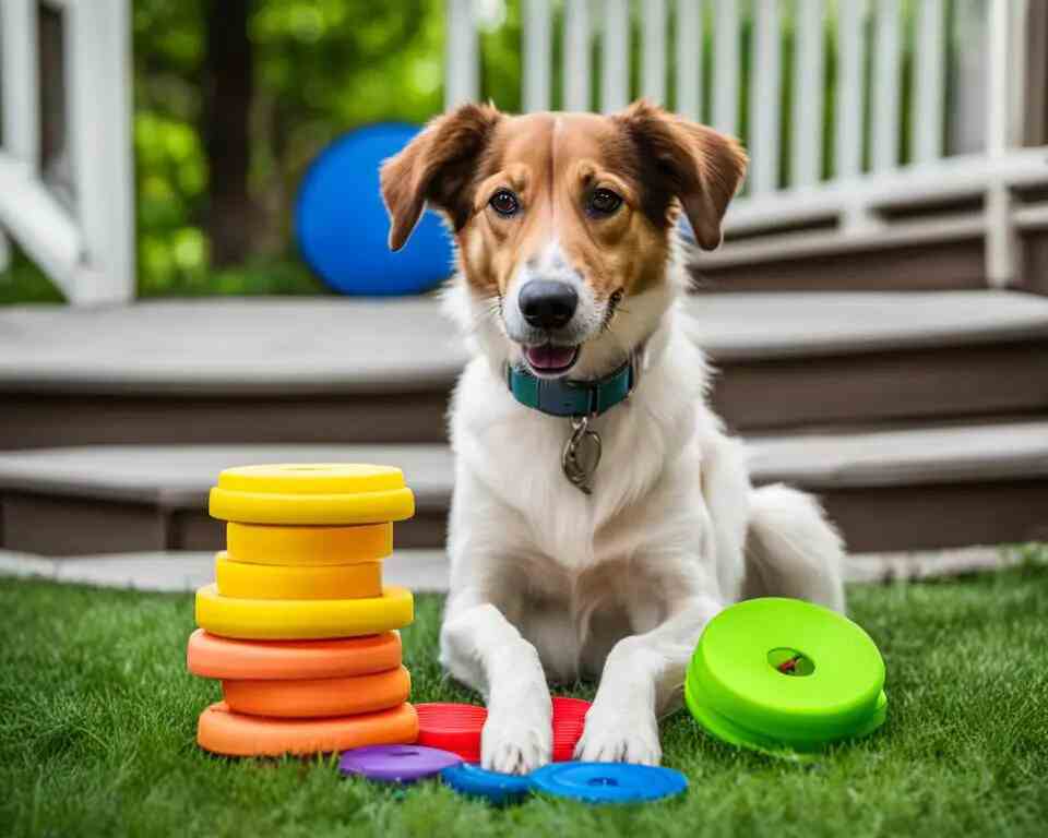 A happy dog sits in front of a stack of discs as its owner puts on a leash.