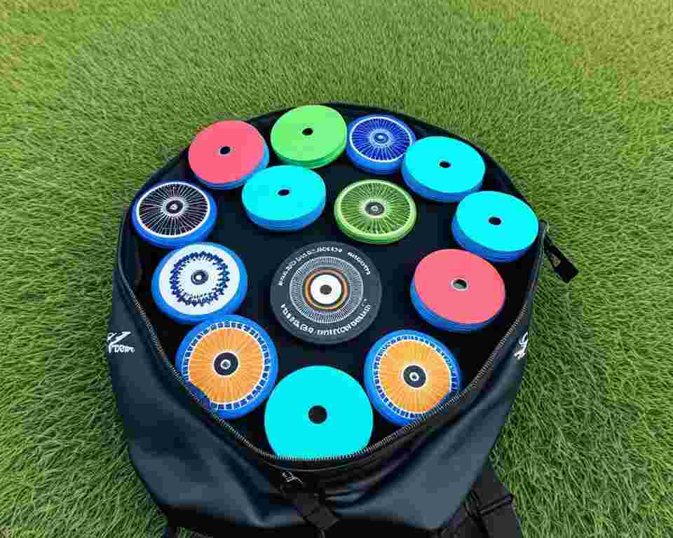 A set of colorful, lightweight disc golf discs arranged neatly in a custom bag designed for seniors, with extra padding and wide straps for comfortable carrying. 