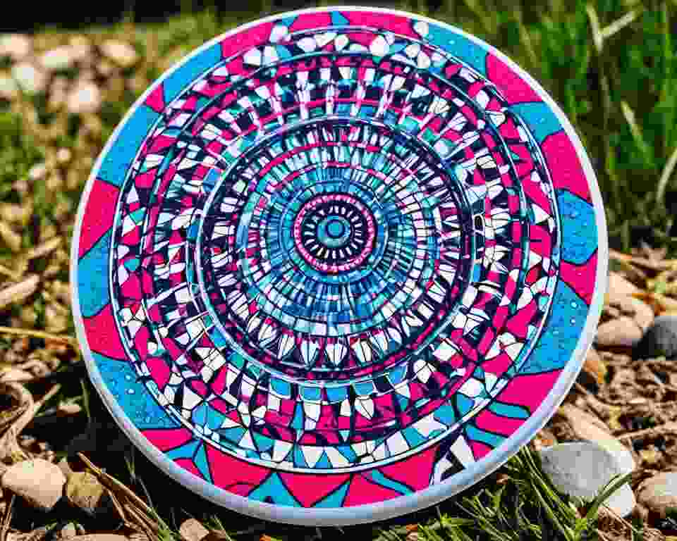 A disc golf disc with a vibrant and eye-catching pattern created through a sublimation printing process, showcasing the unique customization options available to players looking to personalize their game. 
