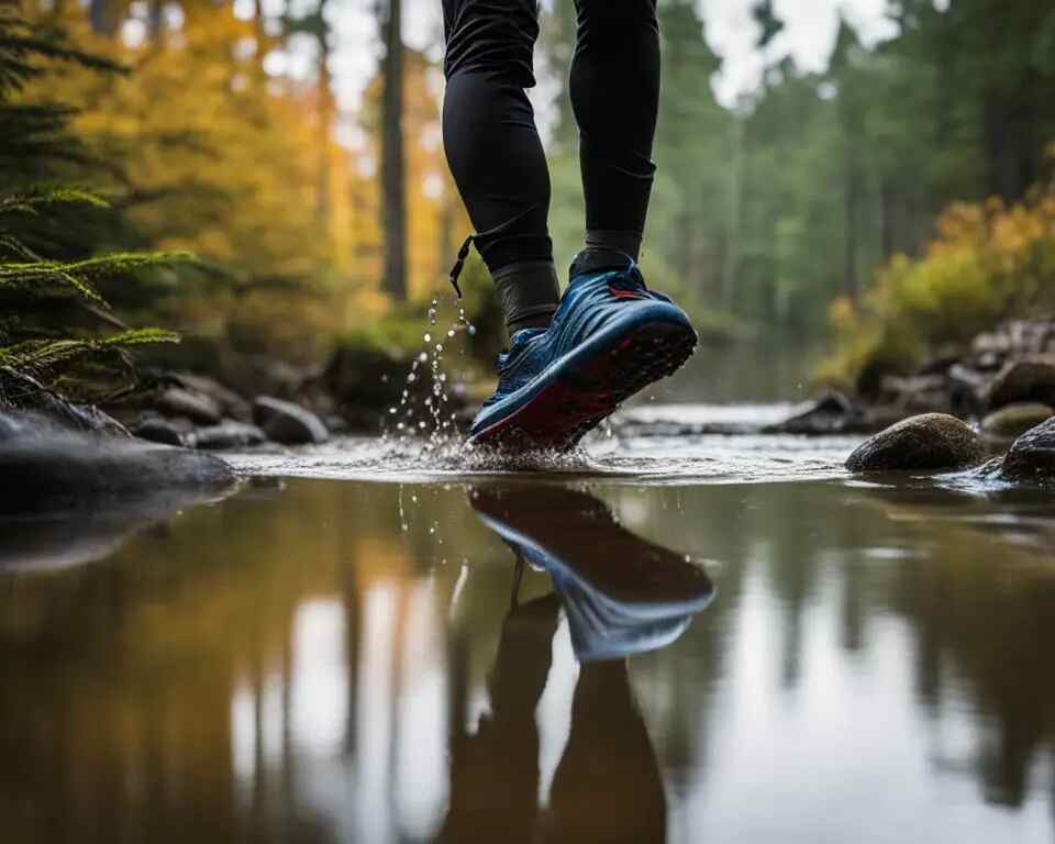 A disc golfer walking through a large puddle of water with their disc golf shoes.