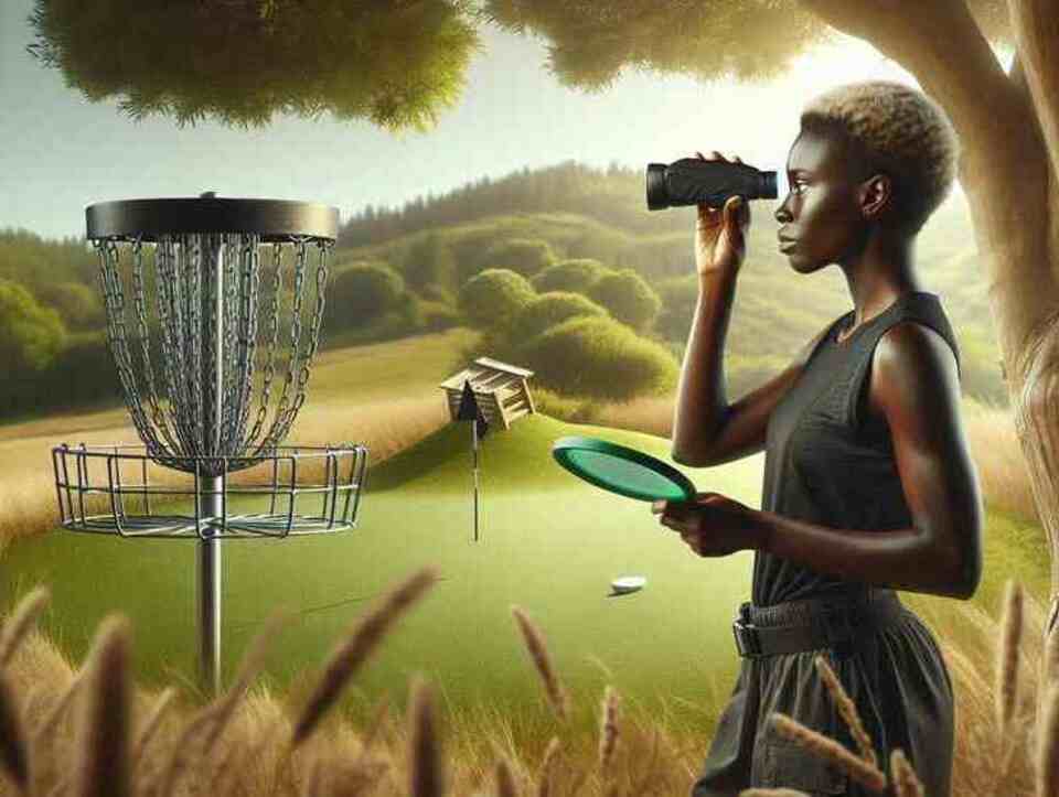 A woman playing disc golf with a golf range finder.