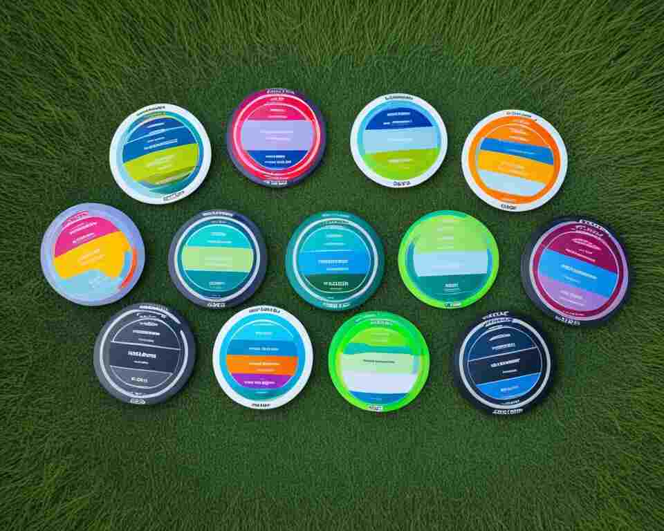 A colorful array of disc golf discs arranged in a circular pattern, with each disc labeled by weight and intended use.