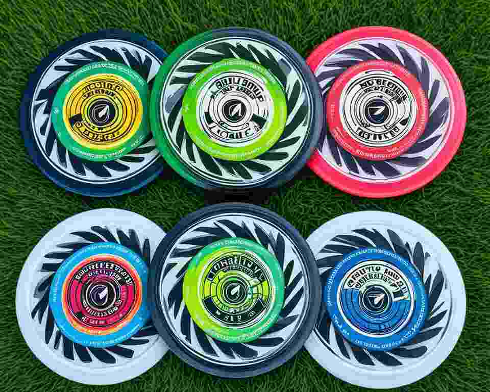 A set of brightly colored disc golf discs lined up in a row, each with unique patterns and textures, against a lush green grass background.
