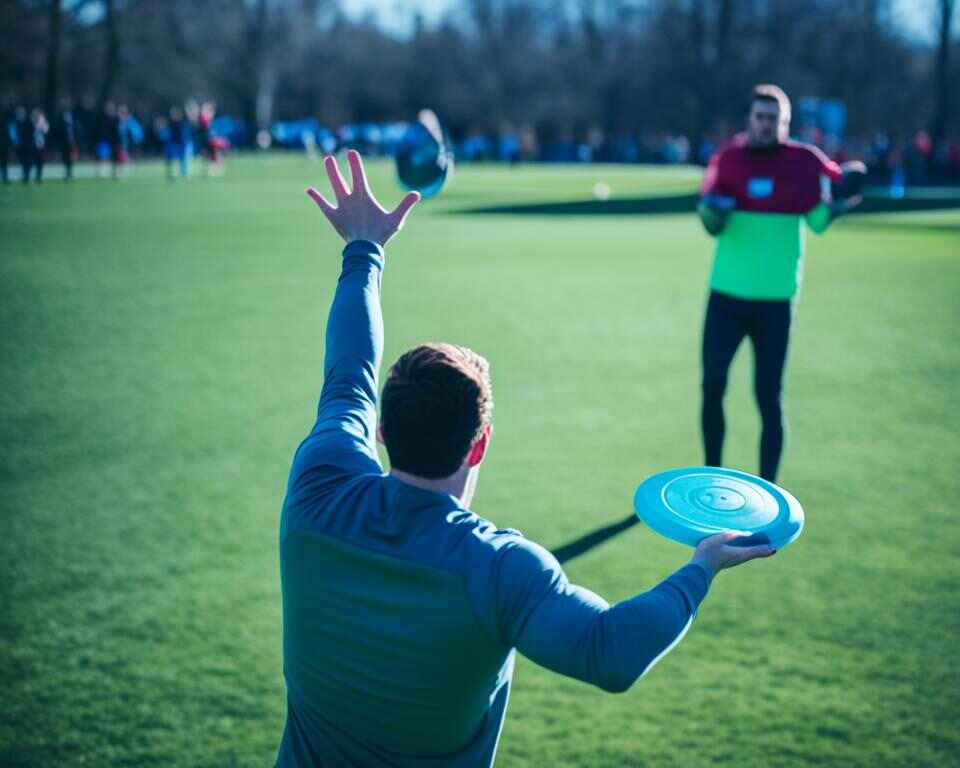A beginner disc golfer getting guidance by an experienced player.