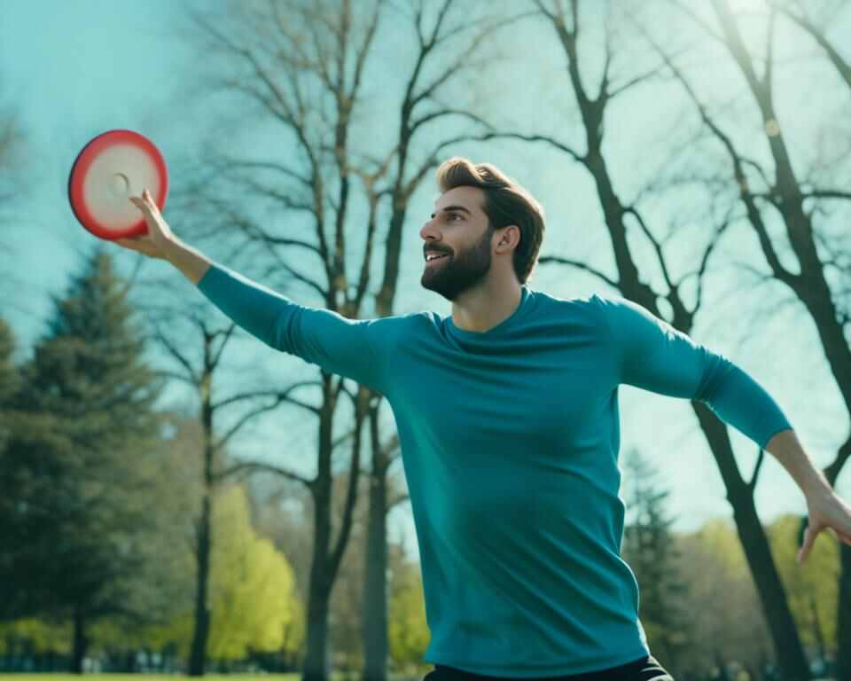 A disc golfer getting a real workout practicing his driving shots.