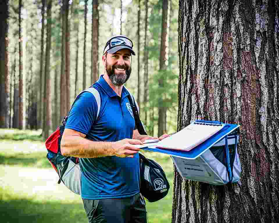 A disc golfer on a disc golf course with a notepad and pen taking score.