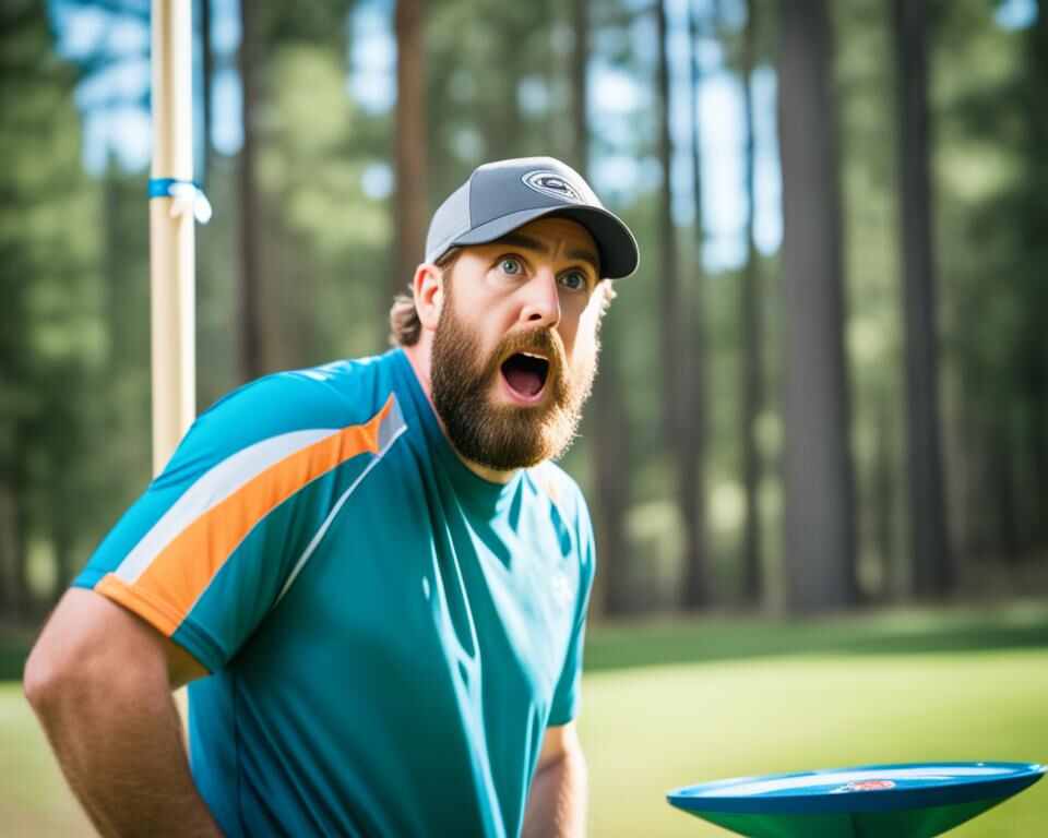 A disc golf player standing near a disc golf basket with a confused expression, looking at the disc that bounced off the pole.