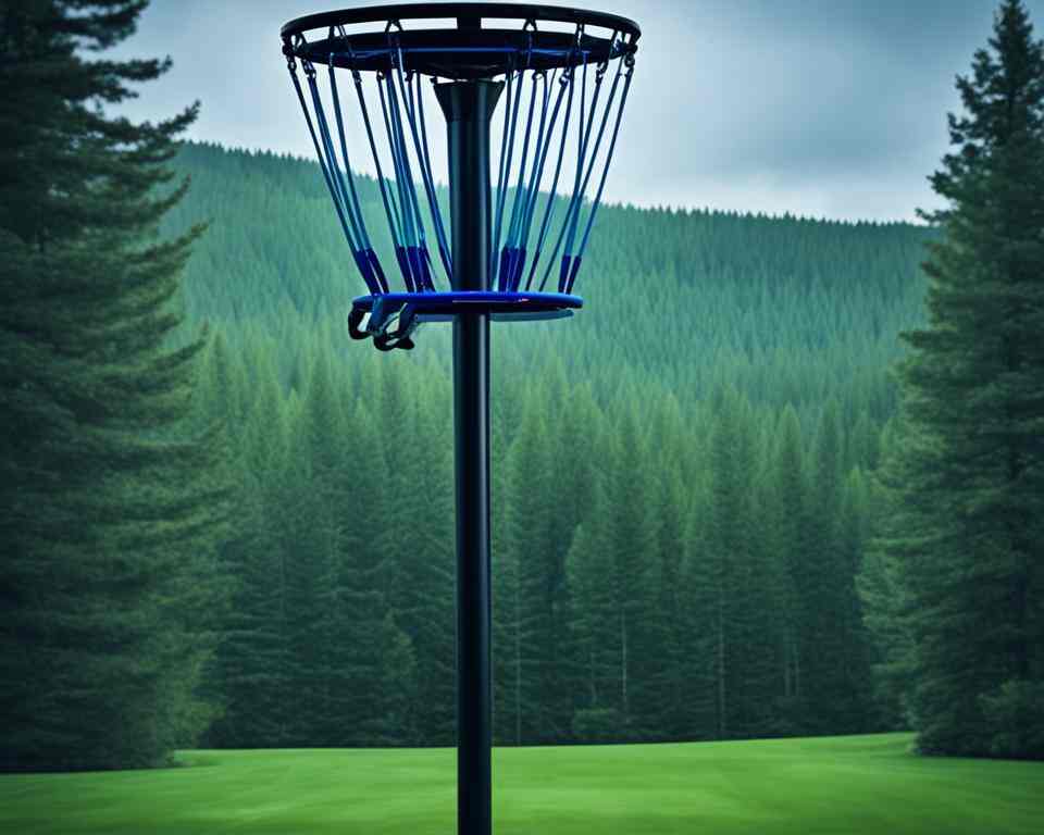 A disc golf basket mounted on a pole.