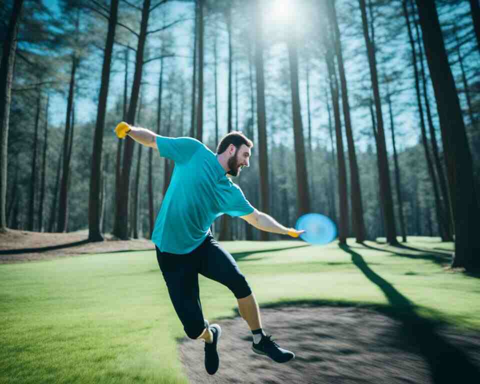 A disc golf player throwing a disc with some spin on it.
