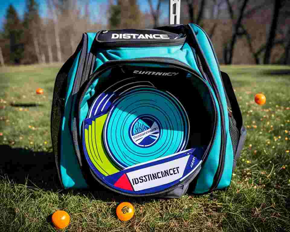 A disc golf bag filled with various weights of discs ranging from light to heavy