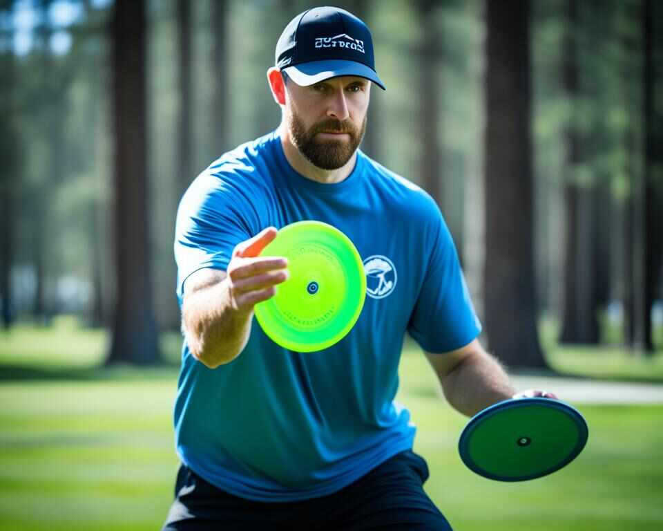 A disc golfer trying to decide which disc to throw.