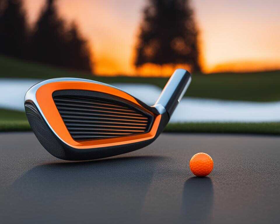 A golfing iron beside a golf ball.