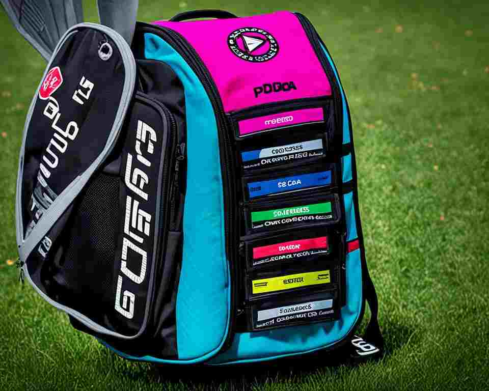 A disc golf bag with various discs, each labeled with a different PDGA rating.