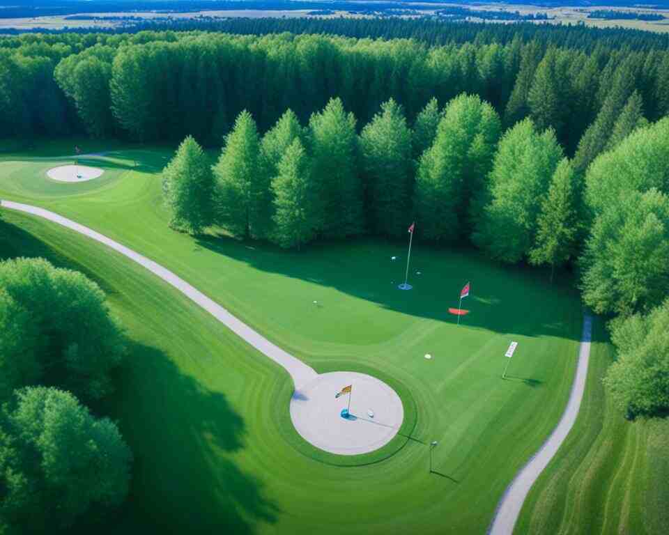 A bird's eye view of a disc golf course.