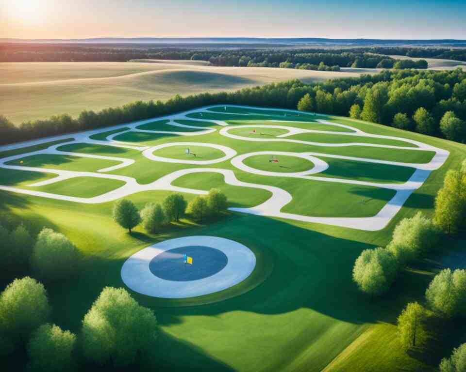 An image of a disc golf course design stretching across an open grassy plain.