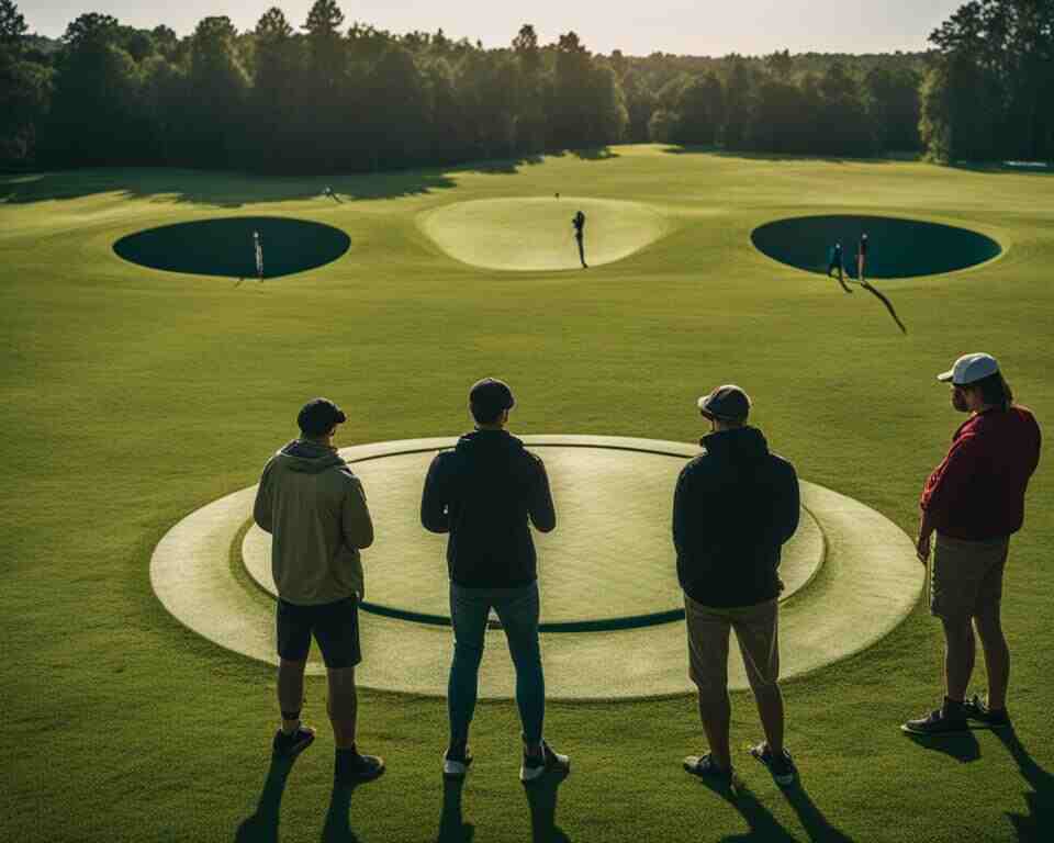 an image of a disc golf circle with a group of players standing around it, looking focused and determined.
