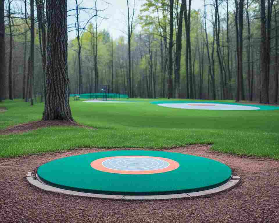 A view of a disc golfing tee pad.