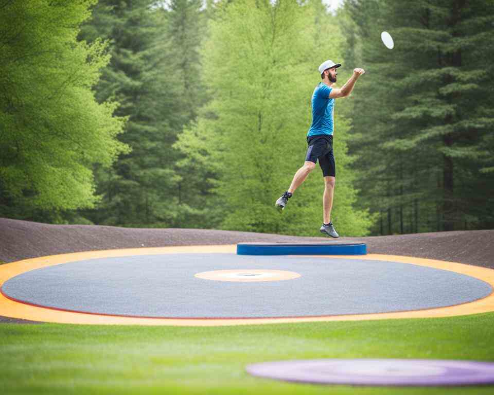 A view of a disc golfing tee pad with a disc golfer standing on it throwing a disc.