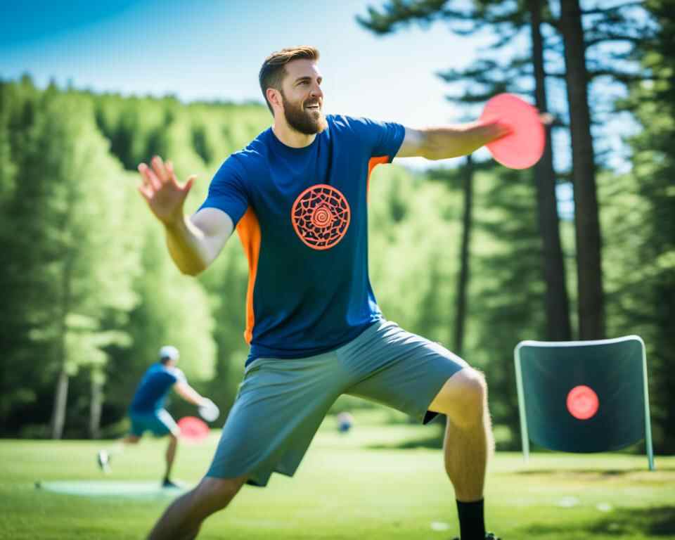 A disc golfer taking turns with friends practicing putting from circle 1 and 2 areas.