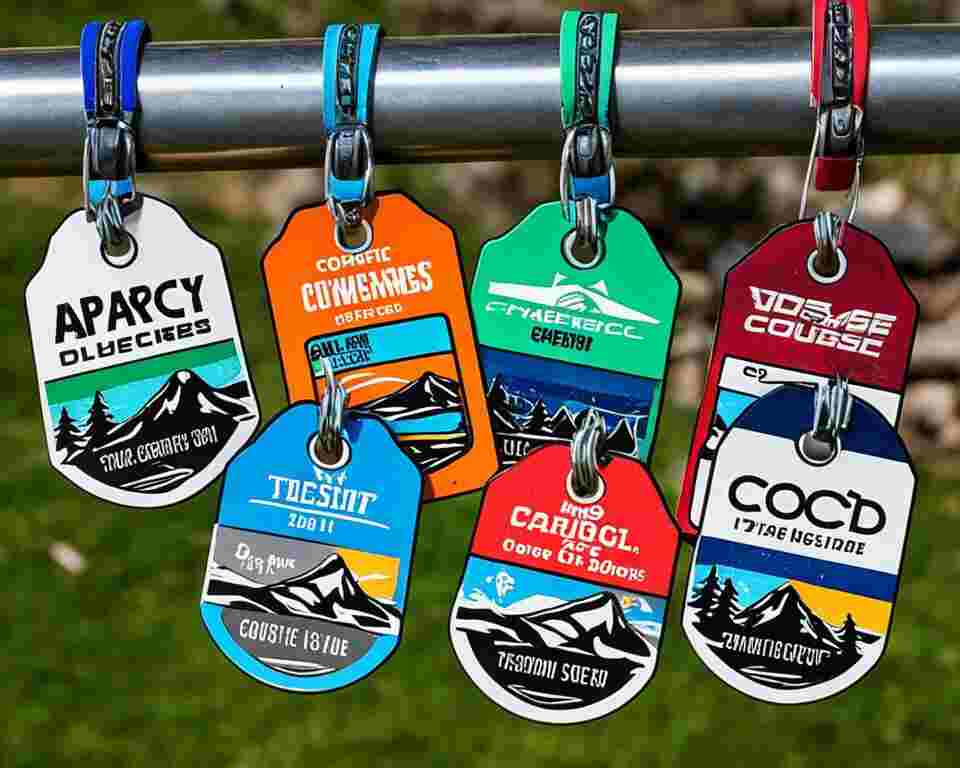 An image of several disc golf bag tags hanging from a metal ring.