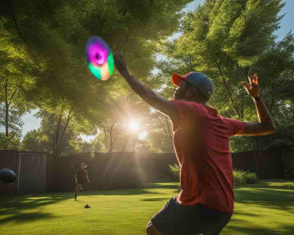 A person playing backyard disc golf with his friends.