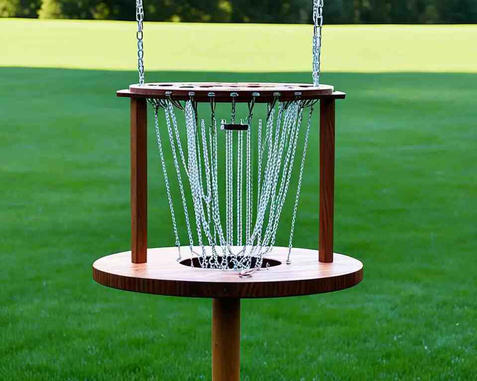 A wooden disc golf basket with chains hanging from the top, set against a grassy field.