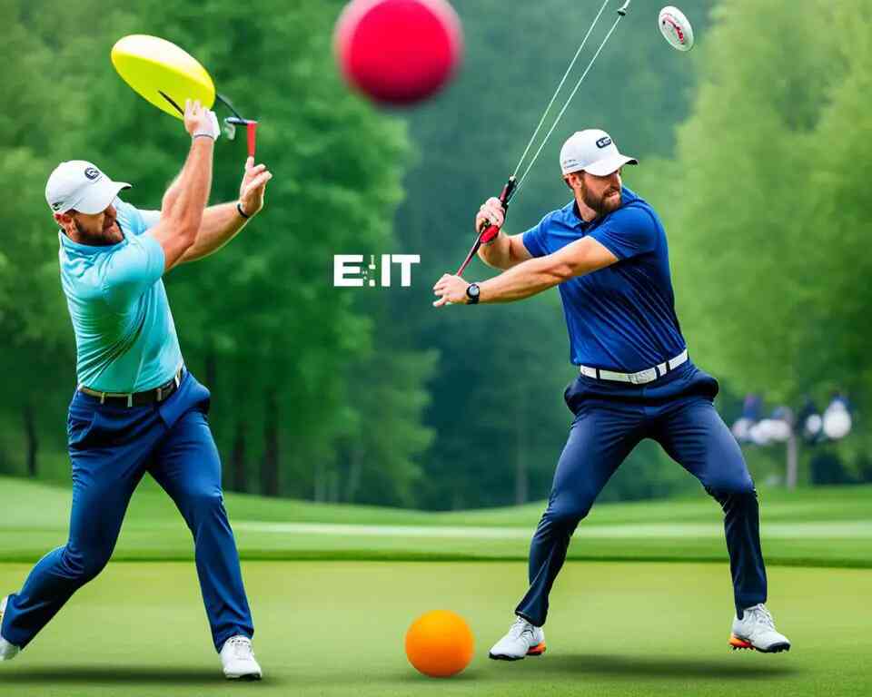 A comparison of a golfer and a disc golfer, both throwing their respective balls/flying discs towards their targets, which are positioned similarly.