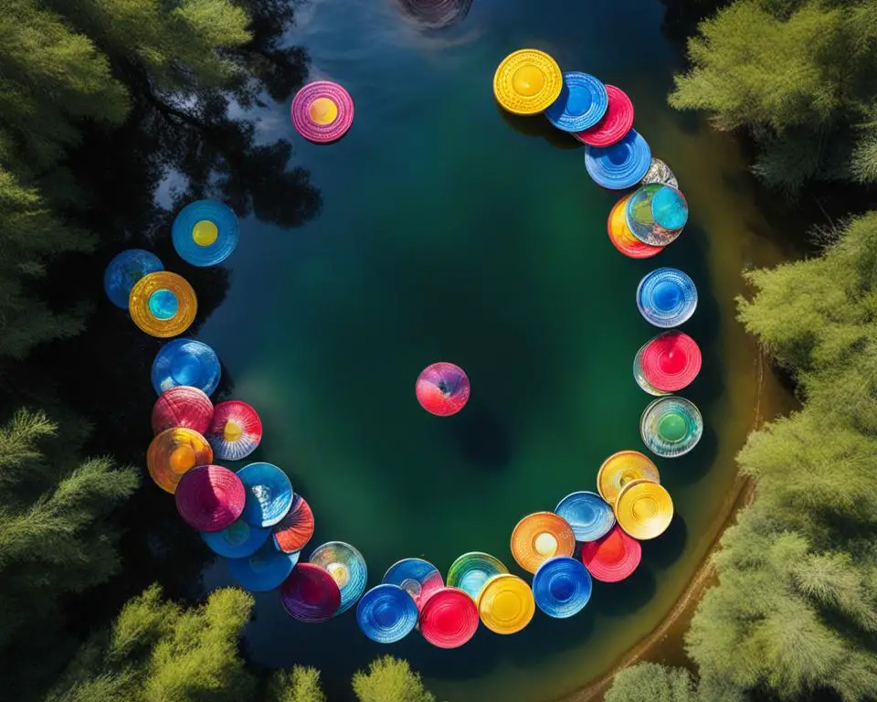 A bird's-eye view of various colorful disc golf discs floating in a calm, clear body of water. 