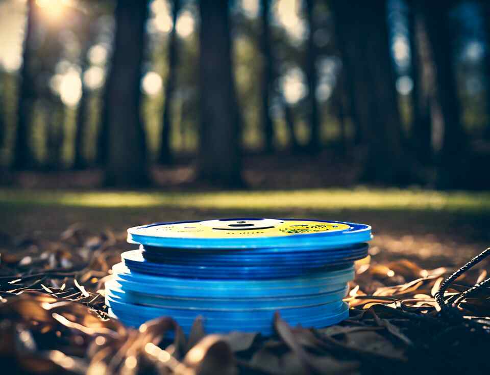 A stack of disc golf discs laying on the grass.