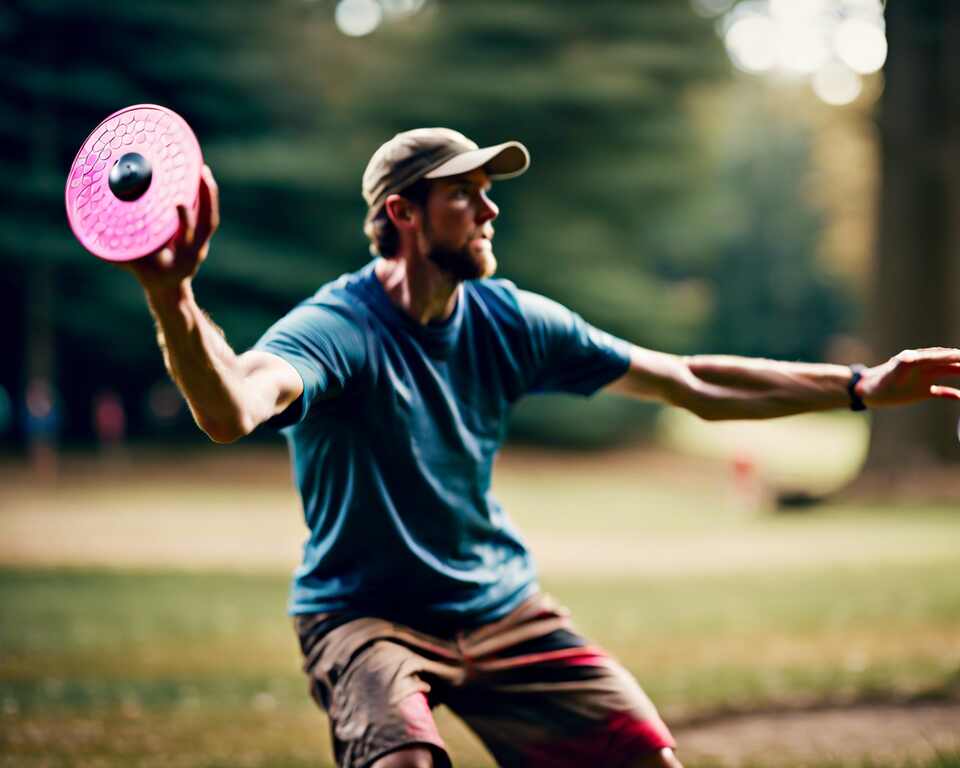 A determined disc golfer stands ready, gripping their disc with concentration before making a precise shot on the course.