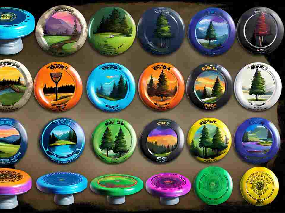 A wall of different types of disc golf discs