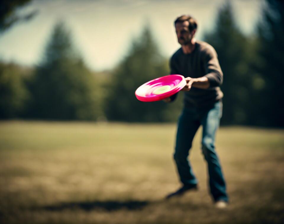 A disc golfer winding up to throw a disc.