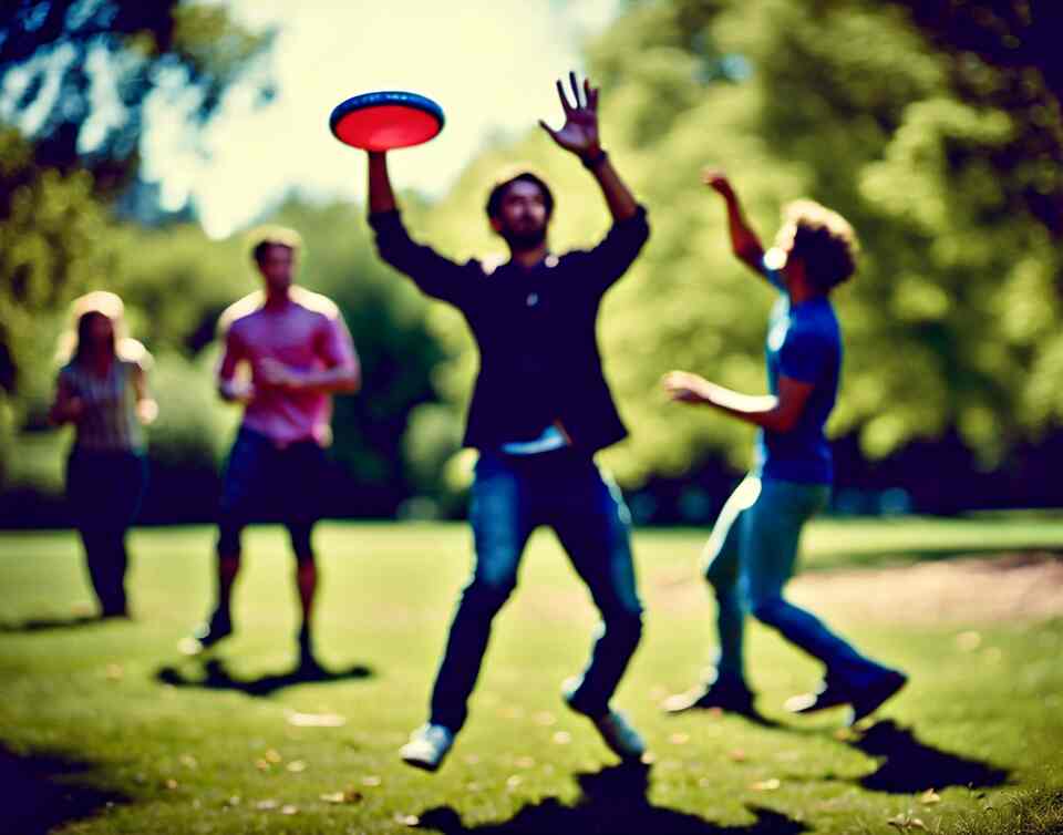 A group of friends enjoying a game of disc golf in a sunny disc golf course.