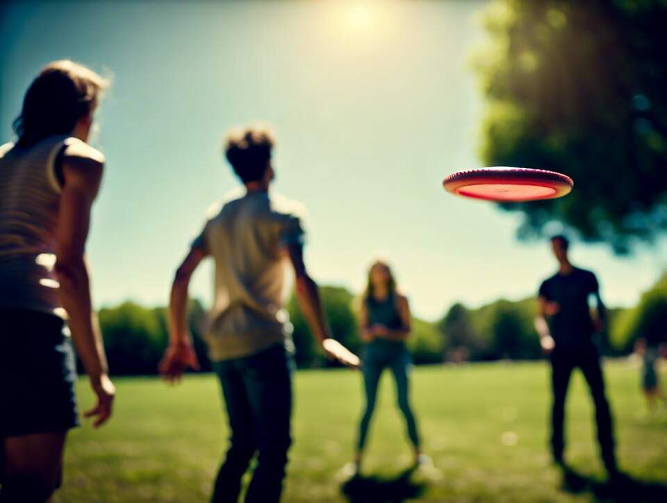 Friends playing disc golf together.