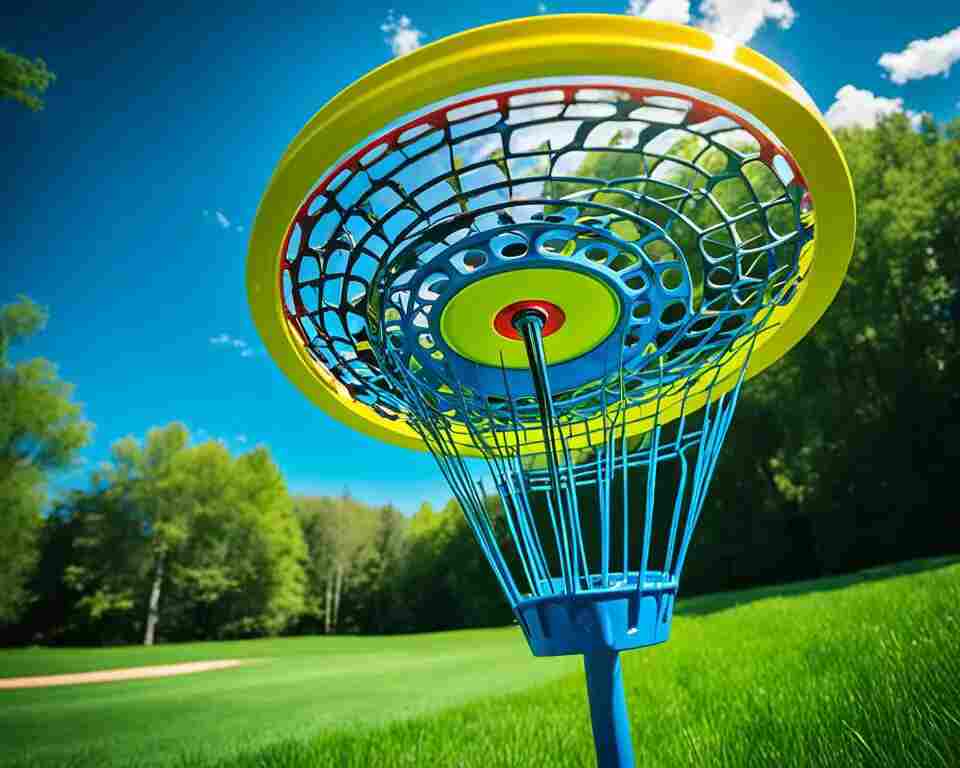 A disc golf basket standing amidst a lush green field with a bright blue sky in the background.
