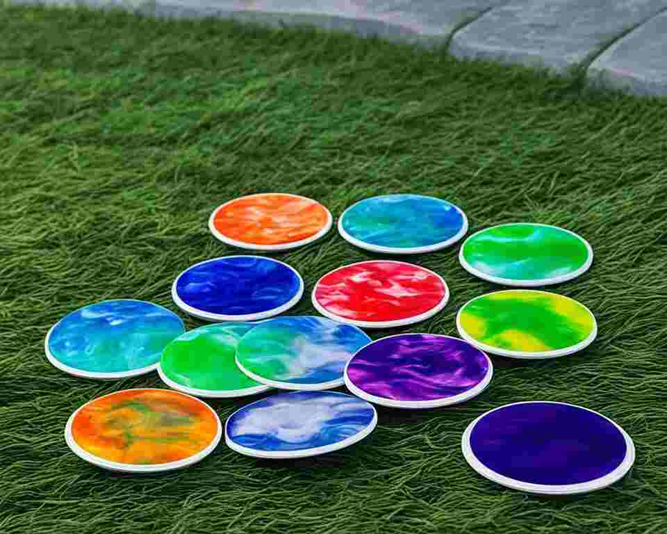Disc golf discs, dyed in various colors.
