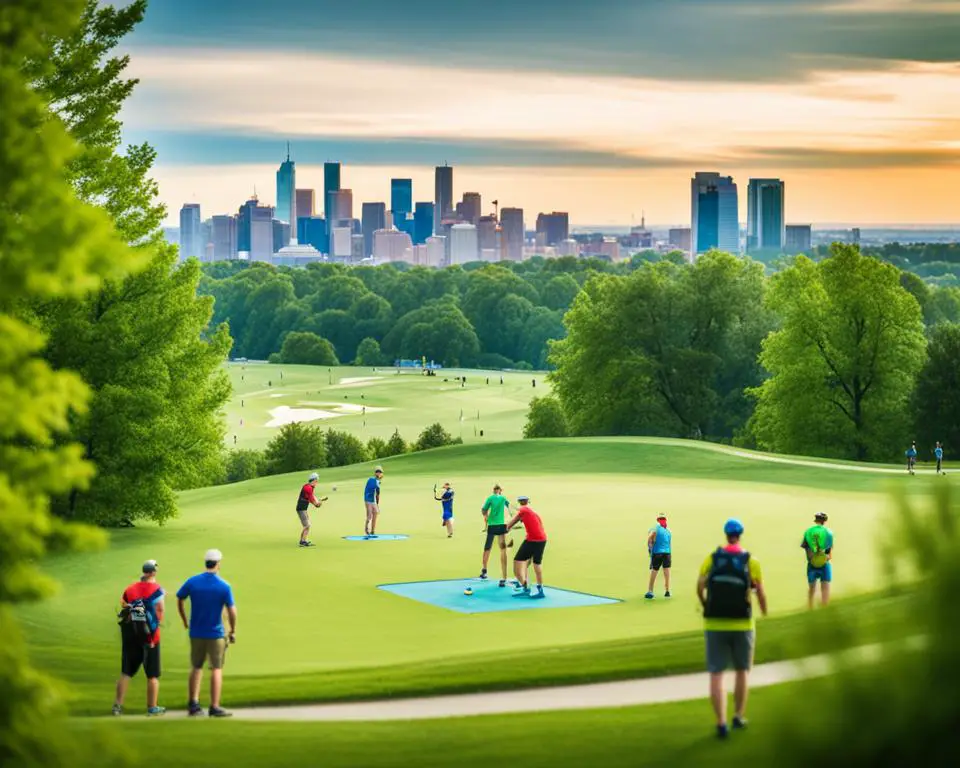 A scenic disc golf course overlooking a bustling city skyline, surrounded by lush green trees and rolling hills. Disc golfers of all ages and skill levels can be seen teeing off in bright, contrasting colors.