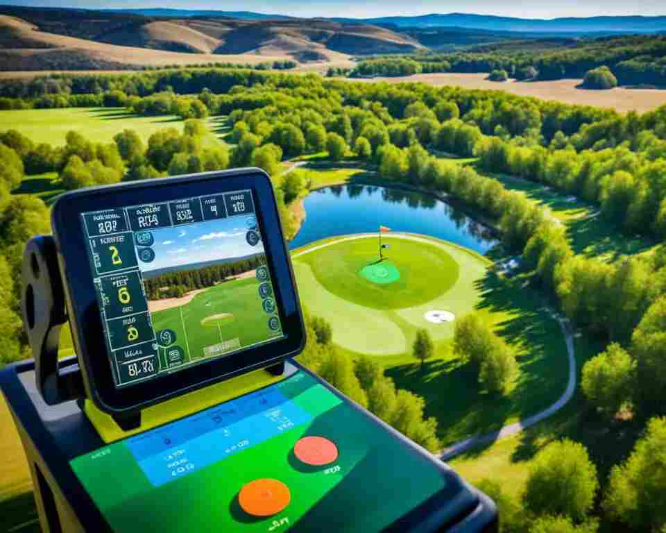 An aerial view of a disc golf course with the Golf Range Finder in the foreground, capturing the distance between the player and the basket. 