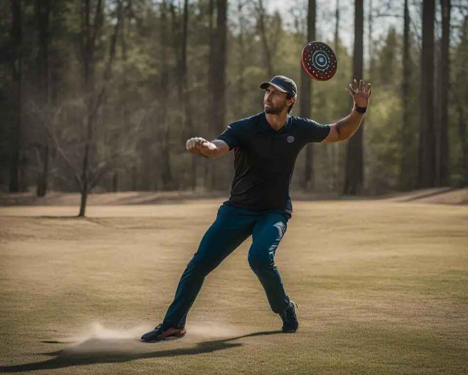 A disc golfer winding up for a powerful throw.