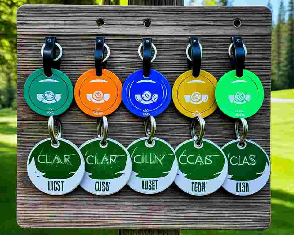 A collection of round, colorful disc golf bag tags hanging from hooks on a wooden board. 