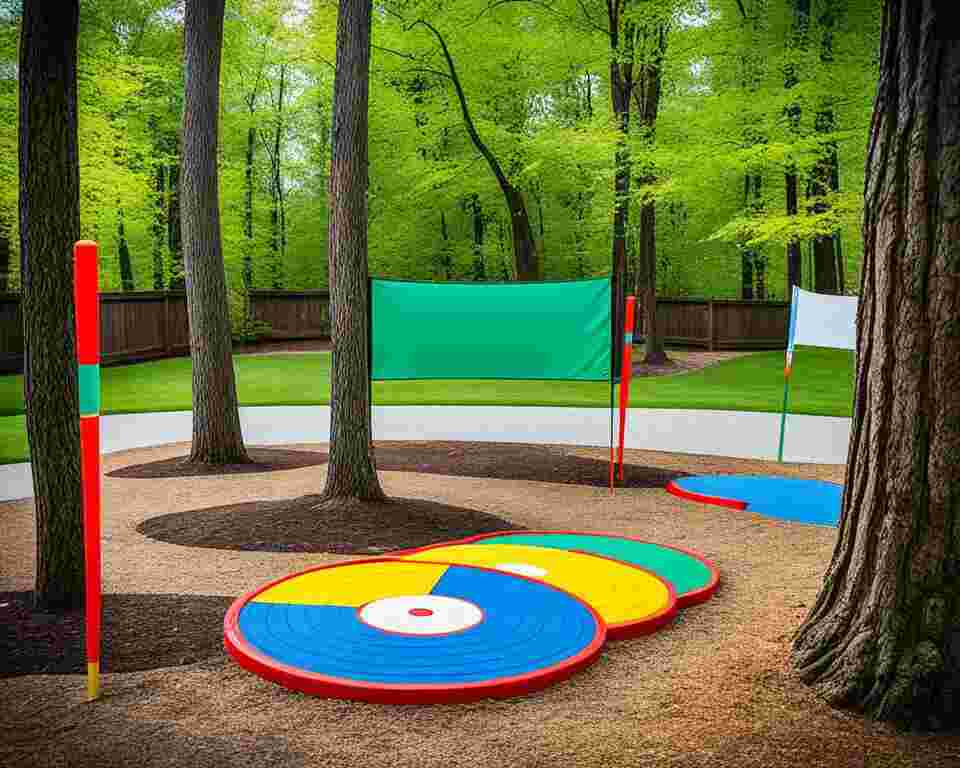 A DIY disc golf course in a backyard setting with different types of obstacles and challenges, such as trees, bushes, rocks, and elevation changes.