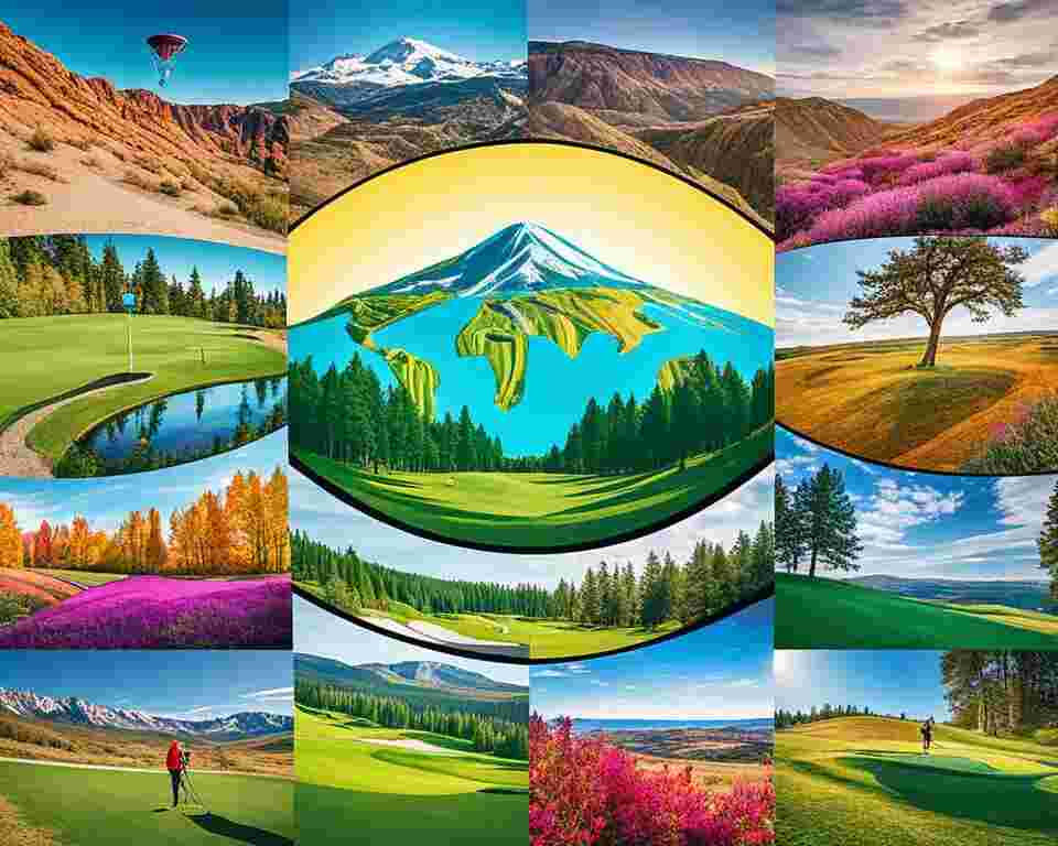 A collage of different landscapes around the world, each with a disc golf basket or course incorporated in a seamless and natural way.