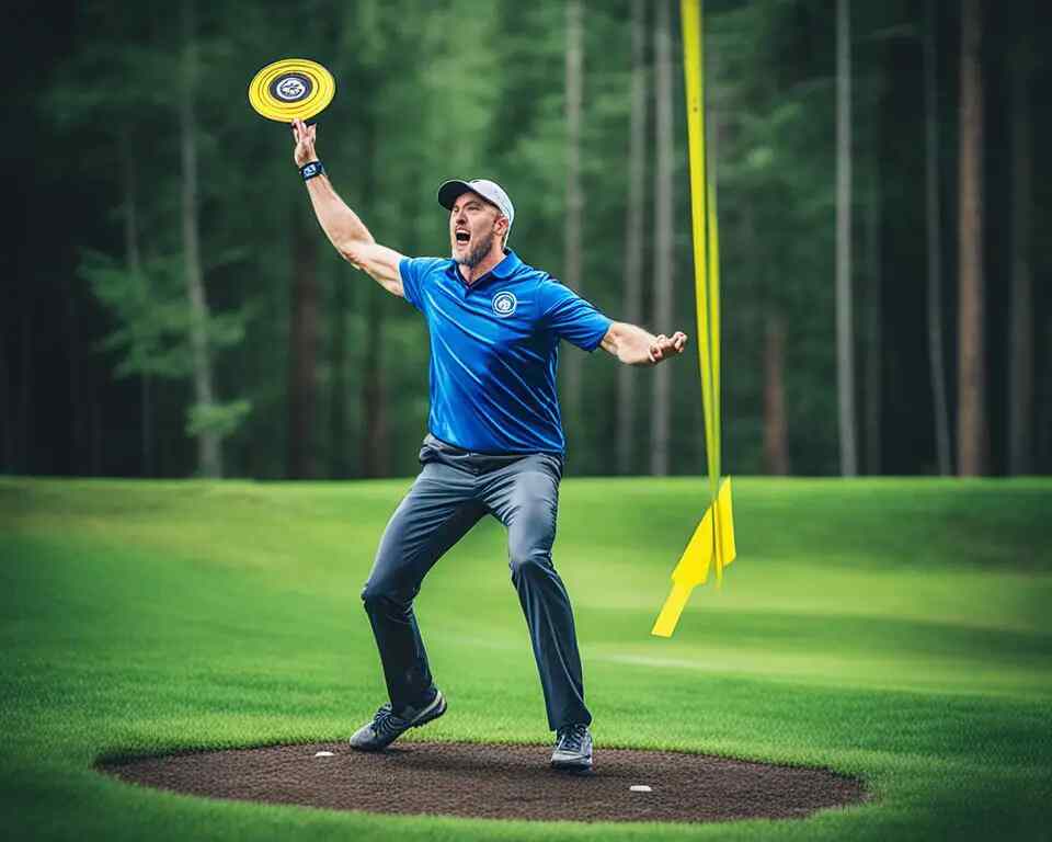 A disc golfer throwing a disc at a basket.