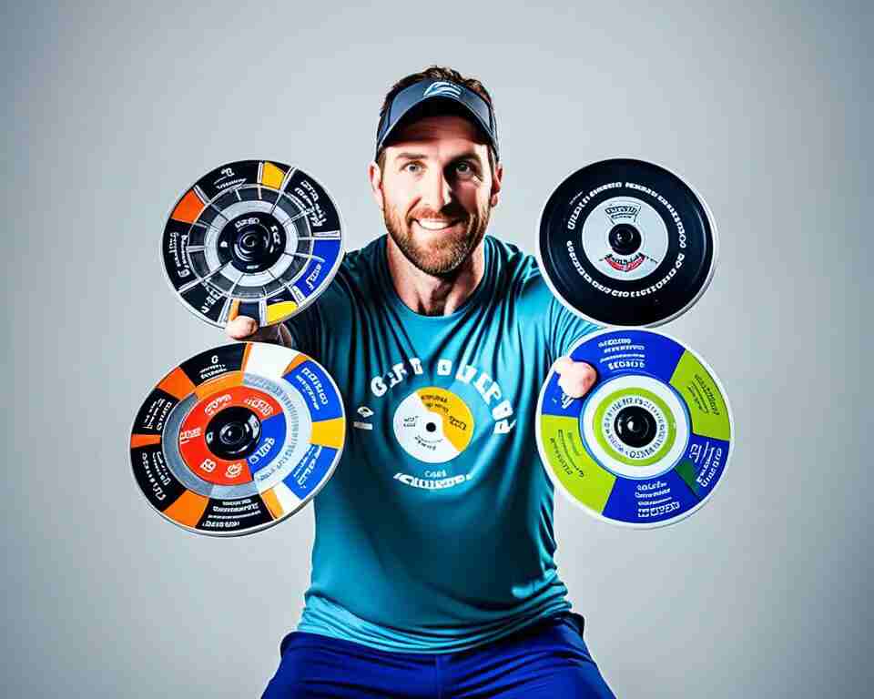 A disc golfer holding various discs with different weights.