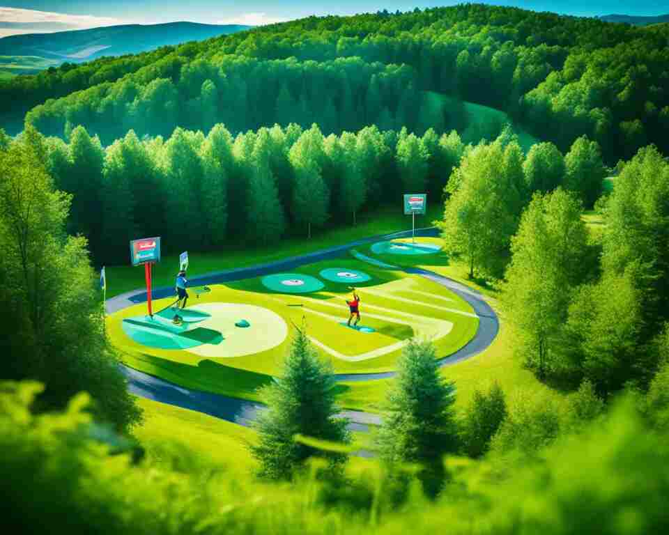 An image of a vibrant disc golf course filled with players in action, surrounded by a dynamic landscape with lush greenery and rolling hills. 