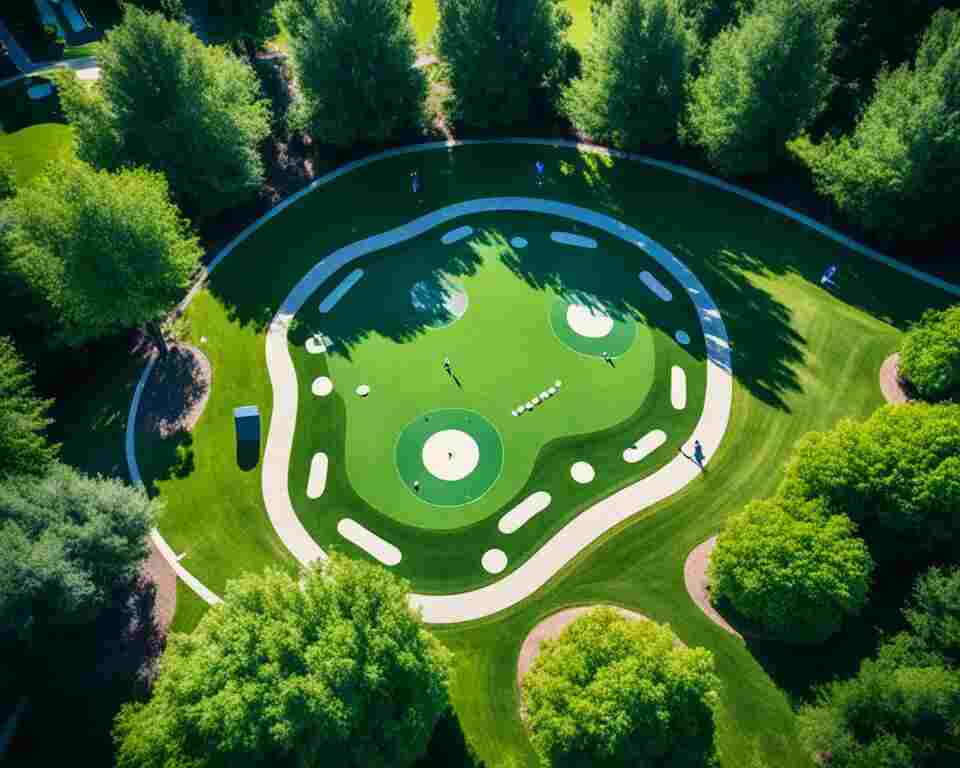 An aerial view of a disc golf course with multiple tee pads of different sizes and shapes.