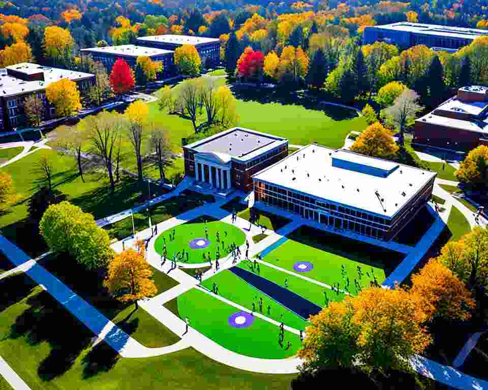 An aerial view of a college campus with a disc golf course in the center, surrounded by students playing and cheering.