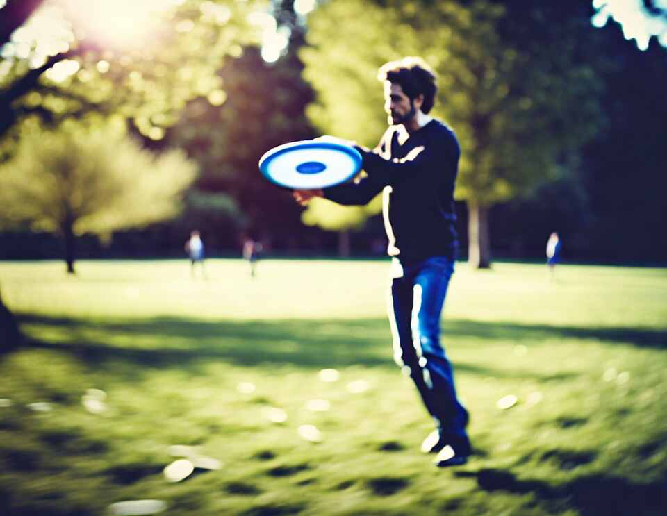A disc golfer aiming at a basket.