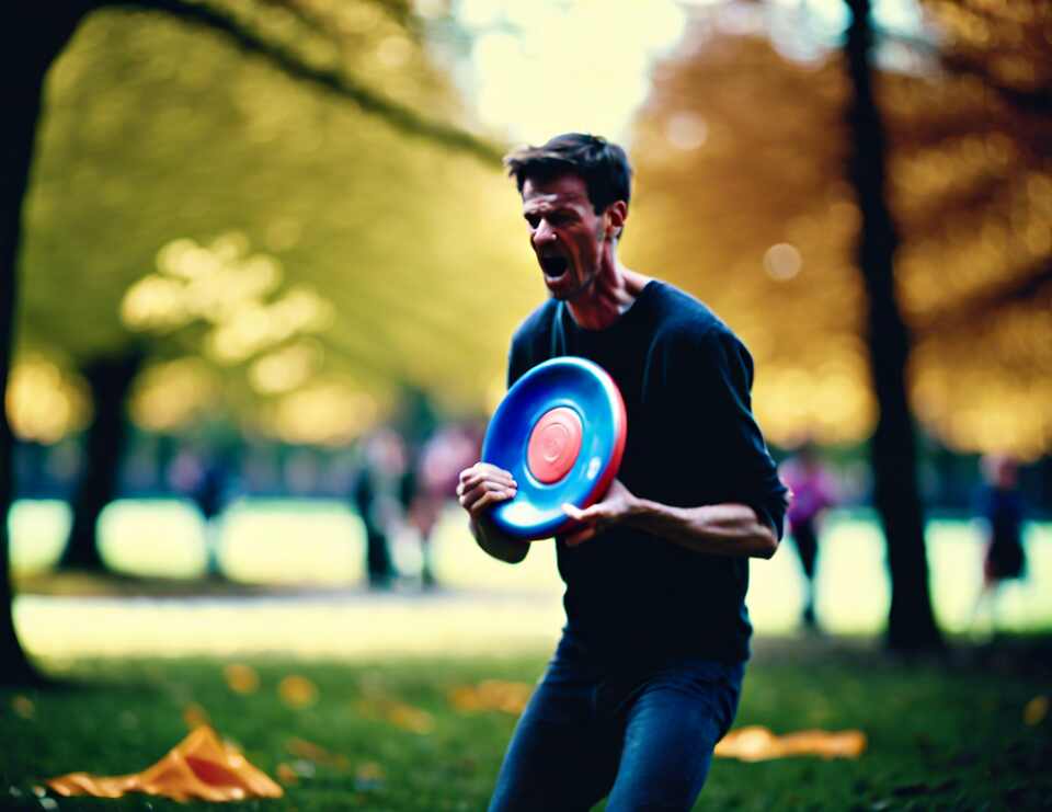 A disc golfer is about to throw a disc but grimaces in lower back pain.